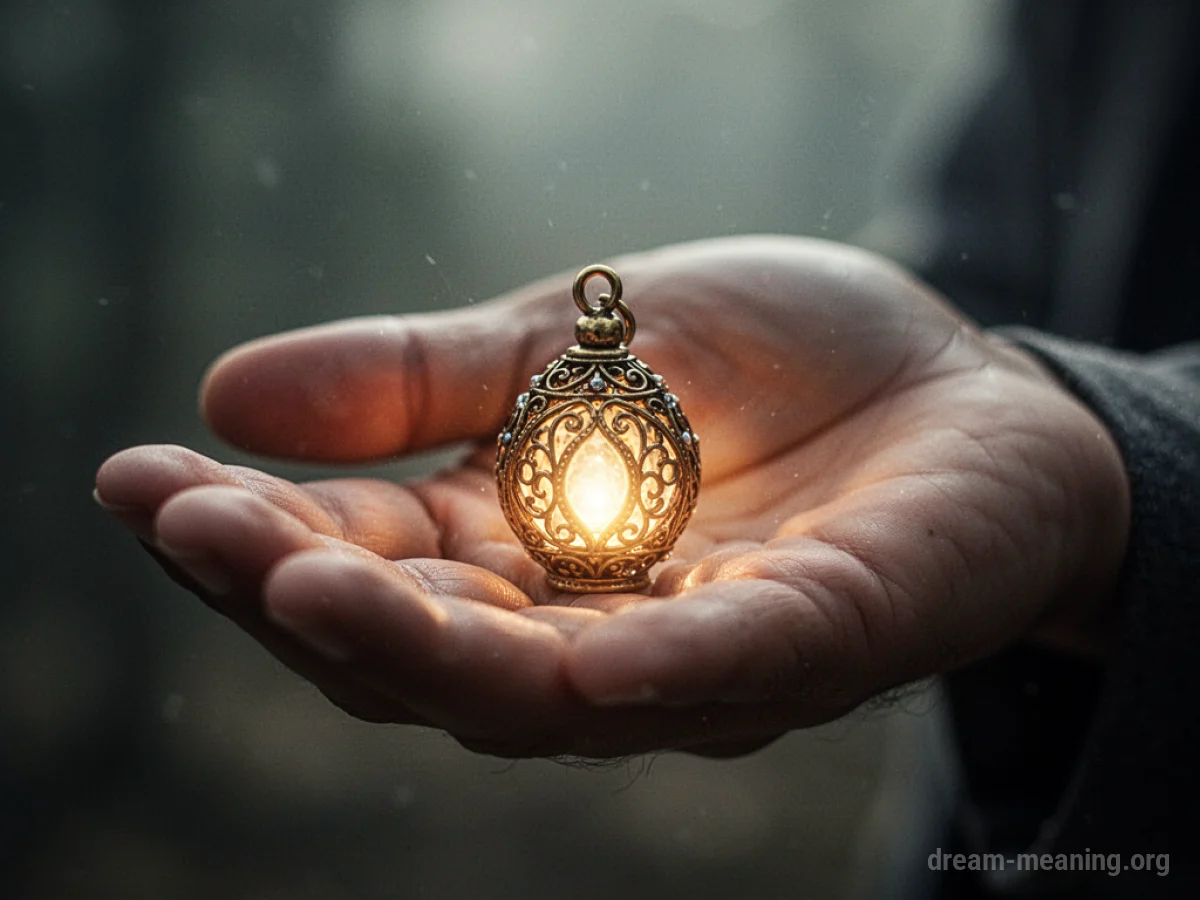 An ornate charm held in a hand, glowing with a soft light.