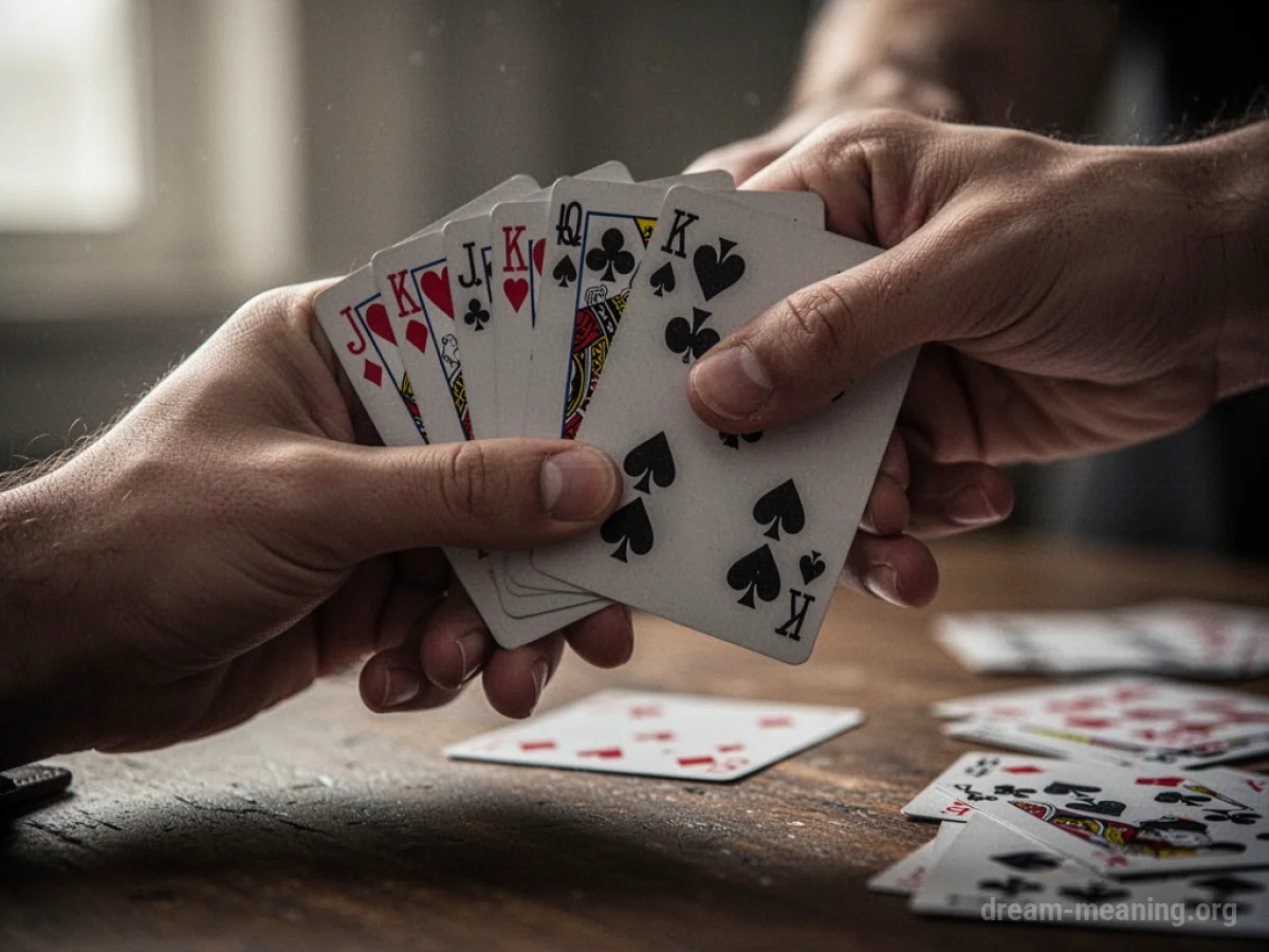 A hand of playing cards being secretly dealt from below.