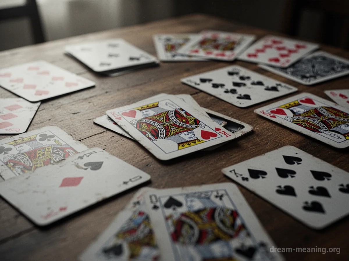 Close-up of playing cards on a table with one card slightly obscured.
