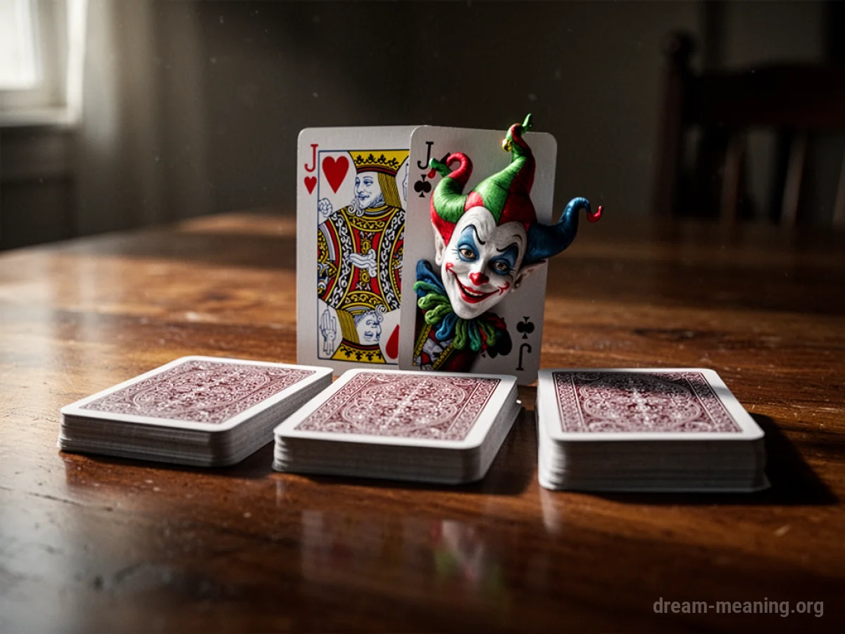 A joker playing card partially visible behind other cards.