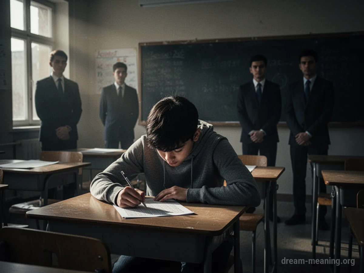 A student looking stressed while taking a test in a classroom.