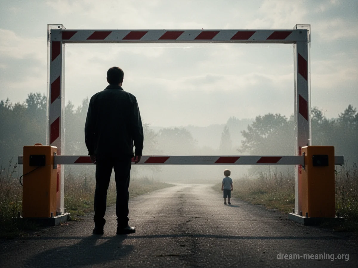 A silhouette of a person at a checkpoint barrier looking towards a smaller silhouette of a child in the distance.