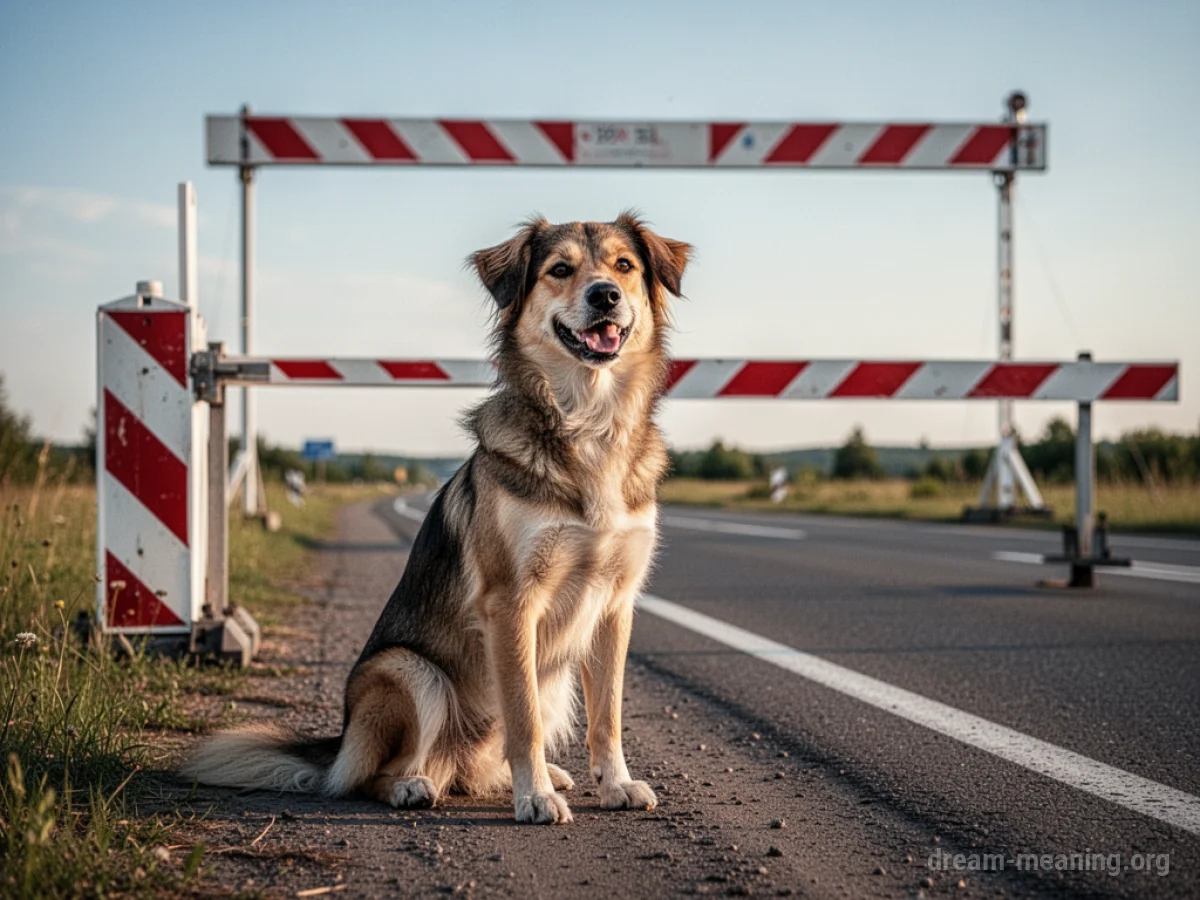 A dog stands near a checkpoint barrier.