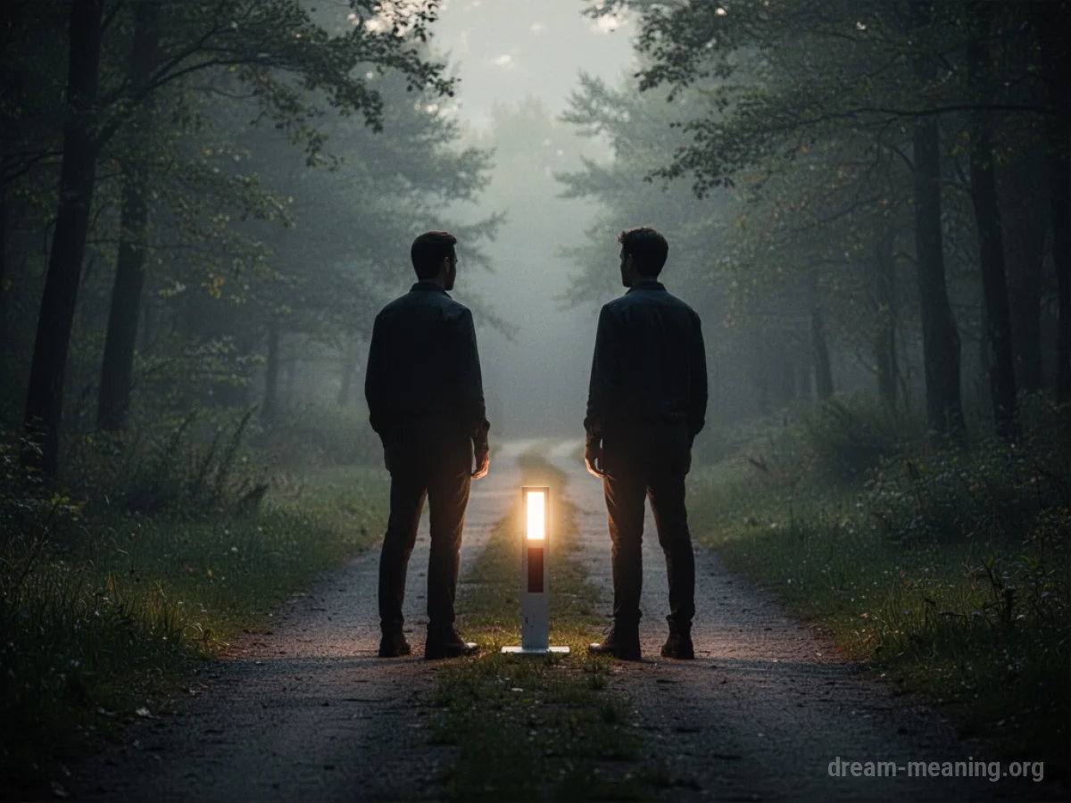 Two silhouetted figures standing at a checkpoint marker on a path.