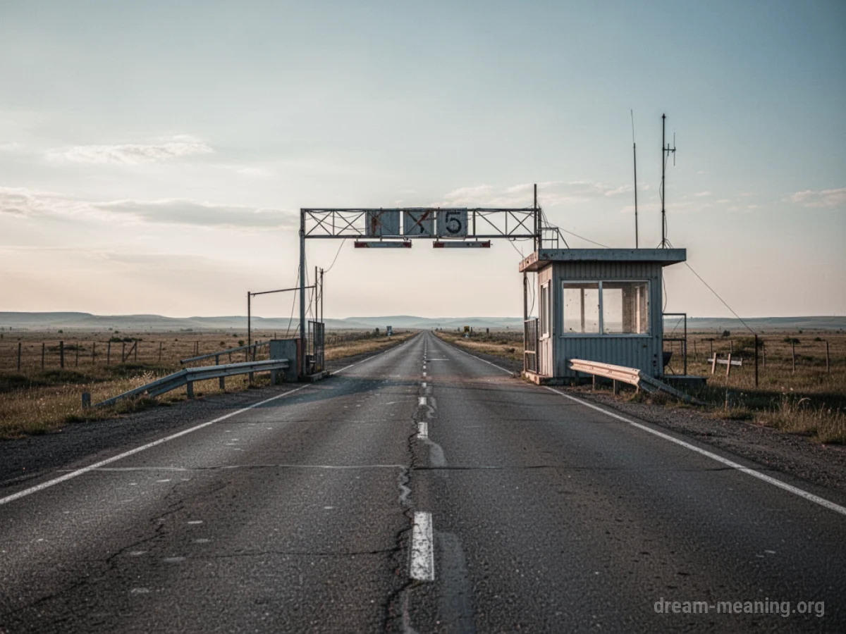 An empty highway leading to a deserted checkpoint structure.