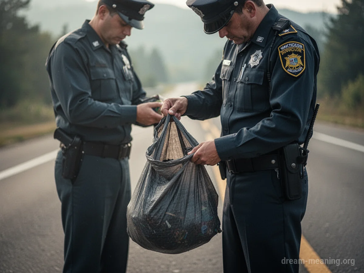 A person in uniform inspects the contents of an open bag at a roadside checkpoint.