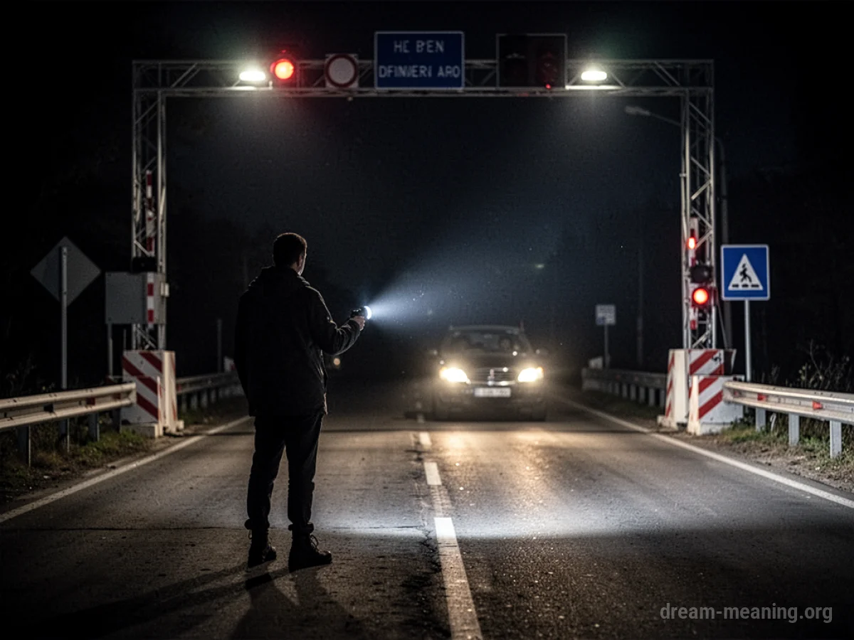 A silhouette of a person at a road checkpoint in the dark.