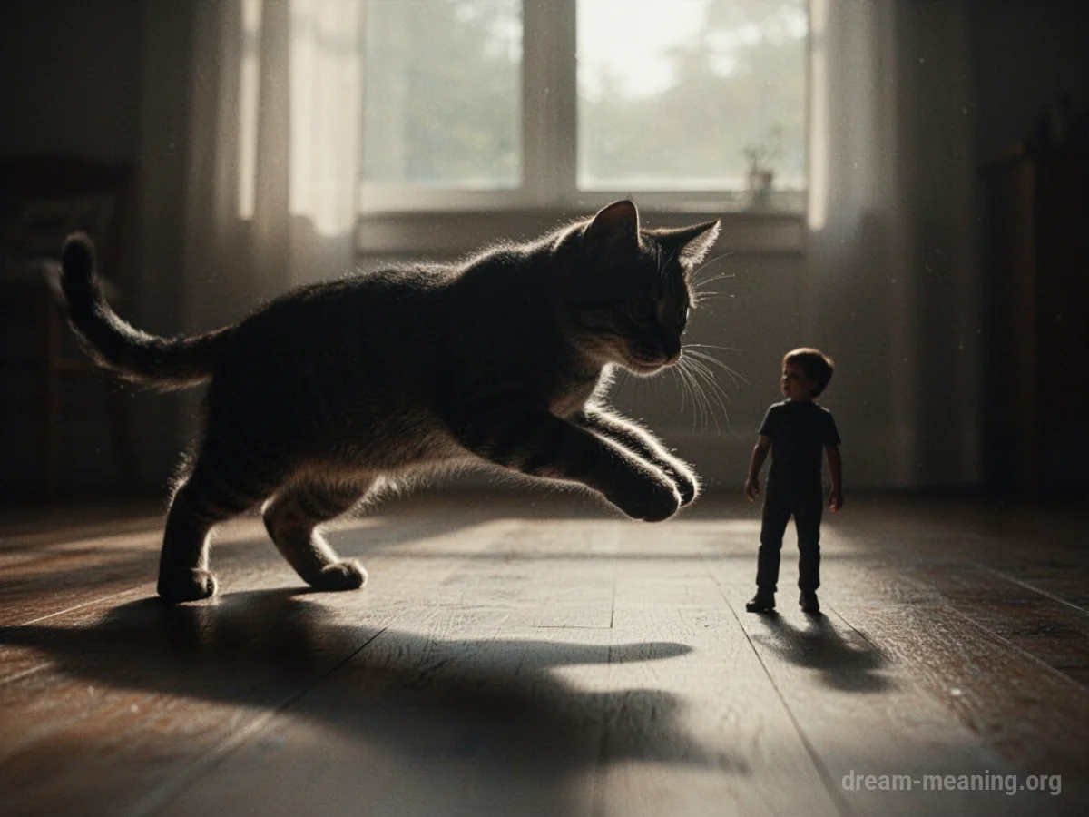 Silhouette of a cat lunging towards a child figure.