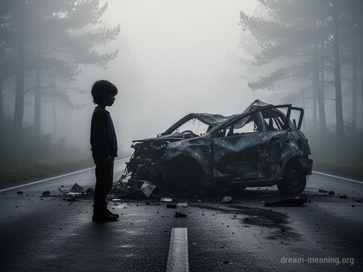 Silhouette of a child near a damaged car on a foggy road.