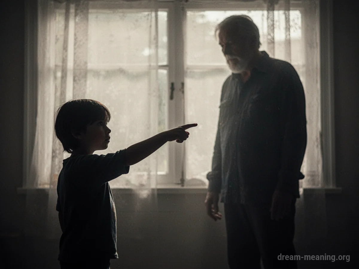 Silhouette of a child pointing at an adult silhouette.