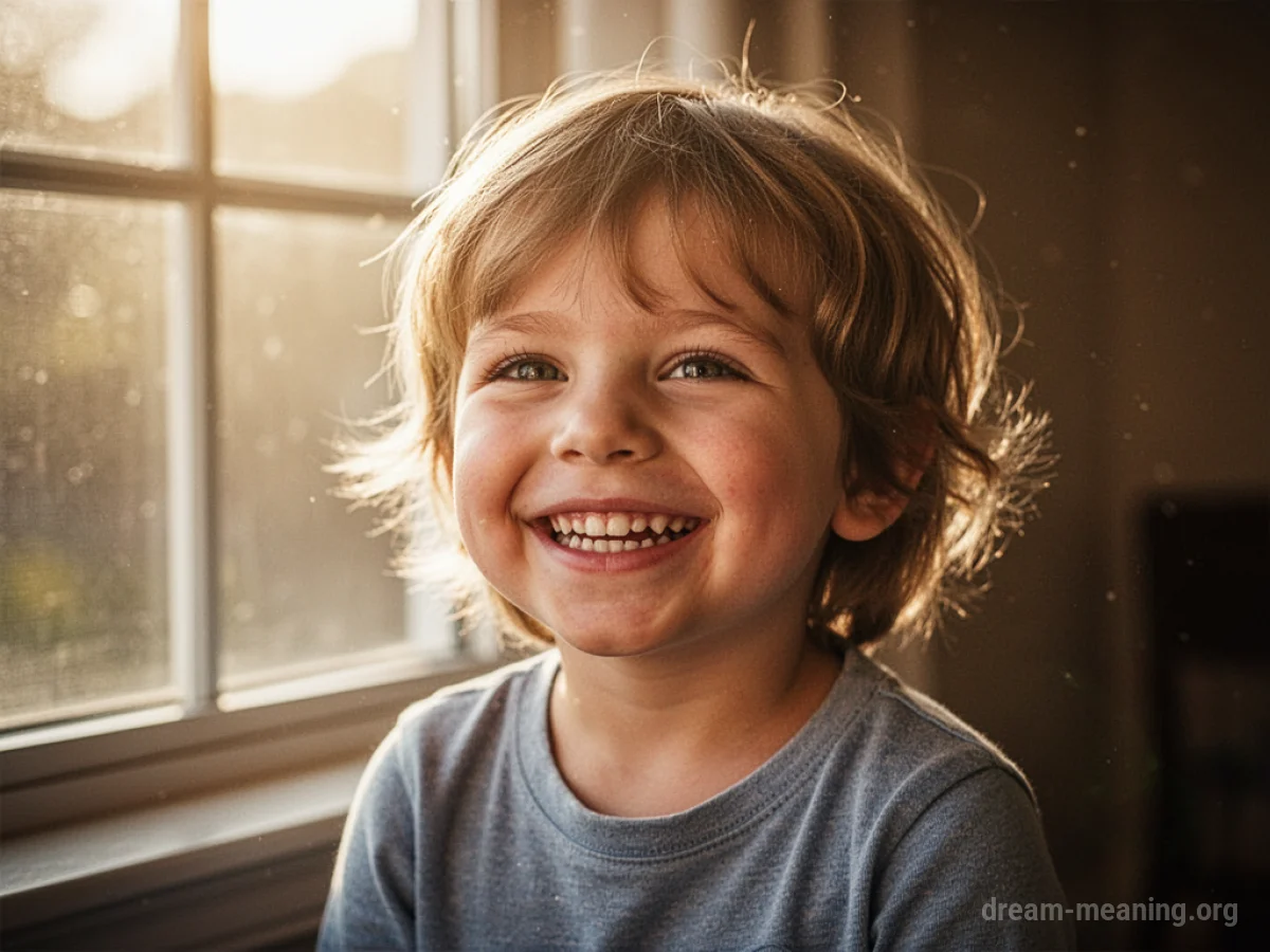 A child with a bright smile looking towards a light source.