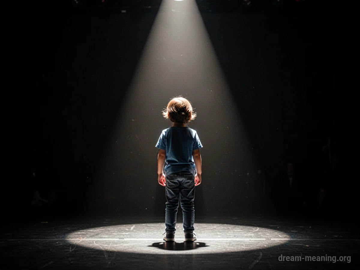 A child standing alone on a dimly lit stage.