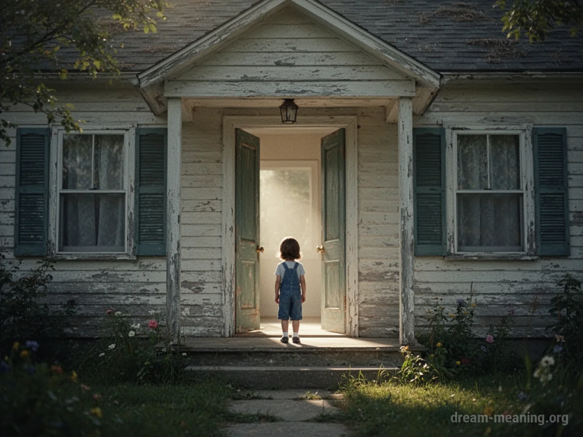 A child stands in the doorway of an old house.
