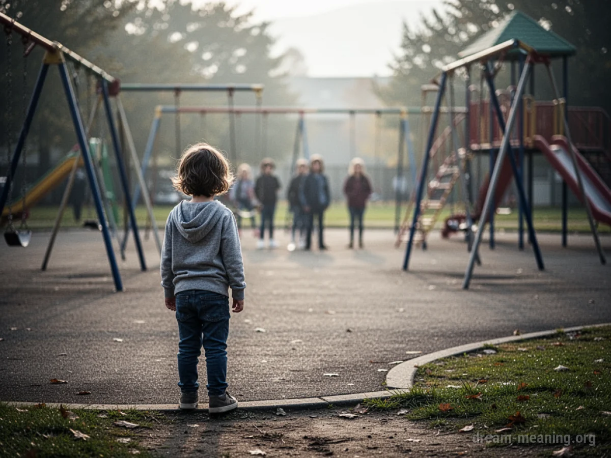 A child standing on the edge of a playground looking at distant figures.