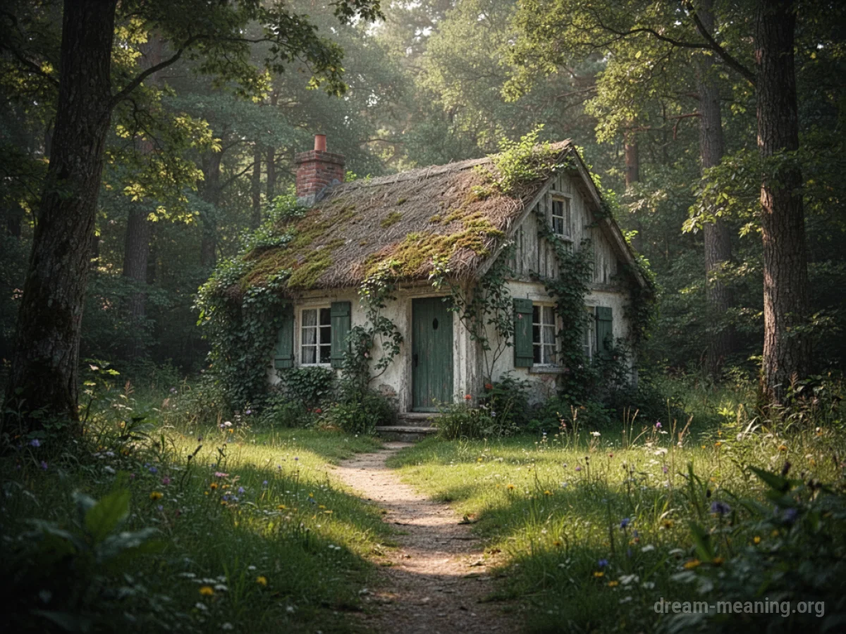 A small, rustic cottage surrounded by trees and wildflowers.