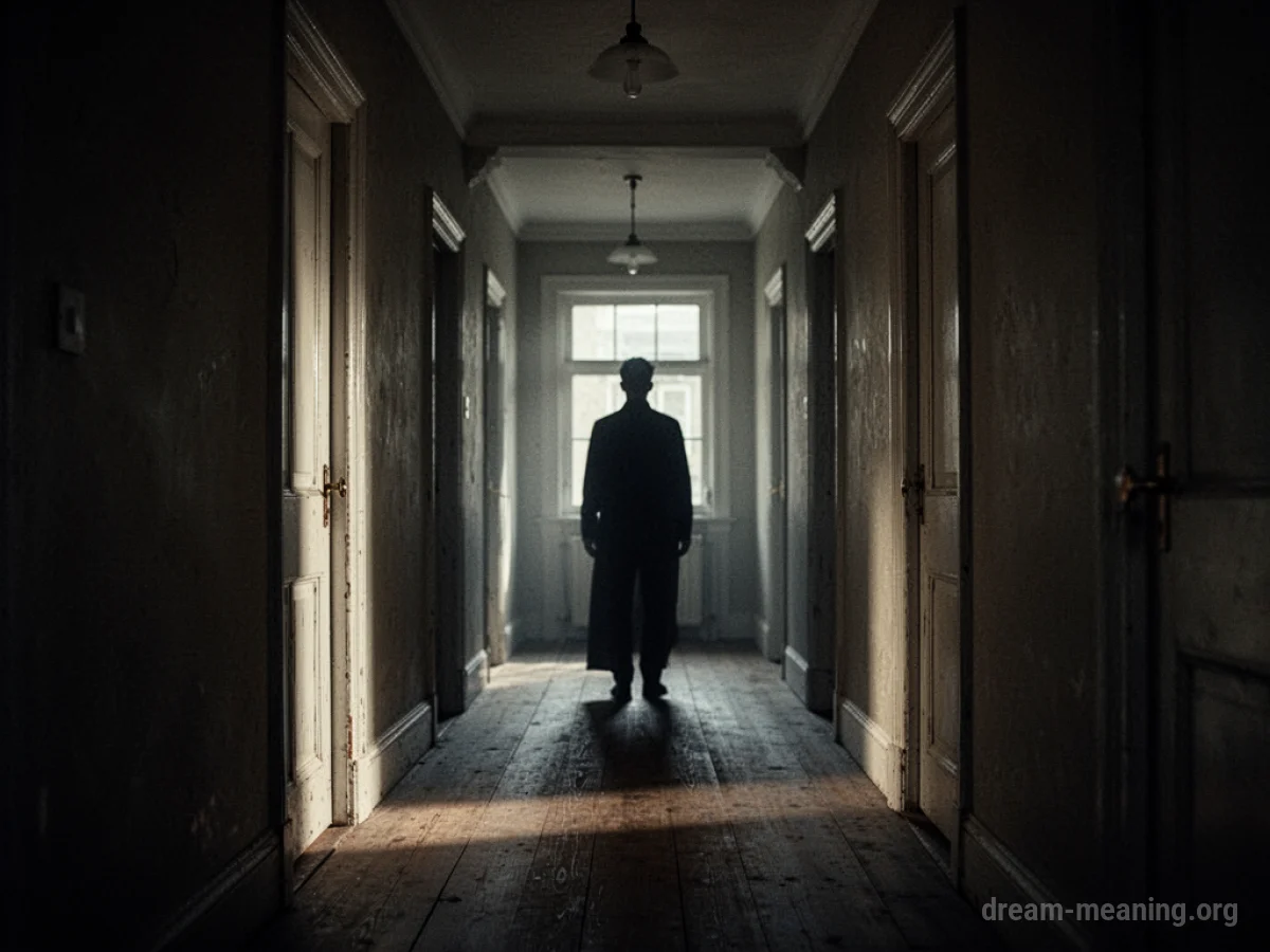 A long, dark hallway with a faint silhouette visible in the distance.