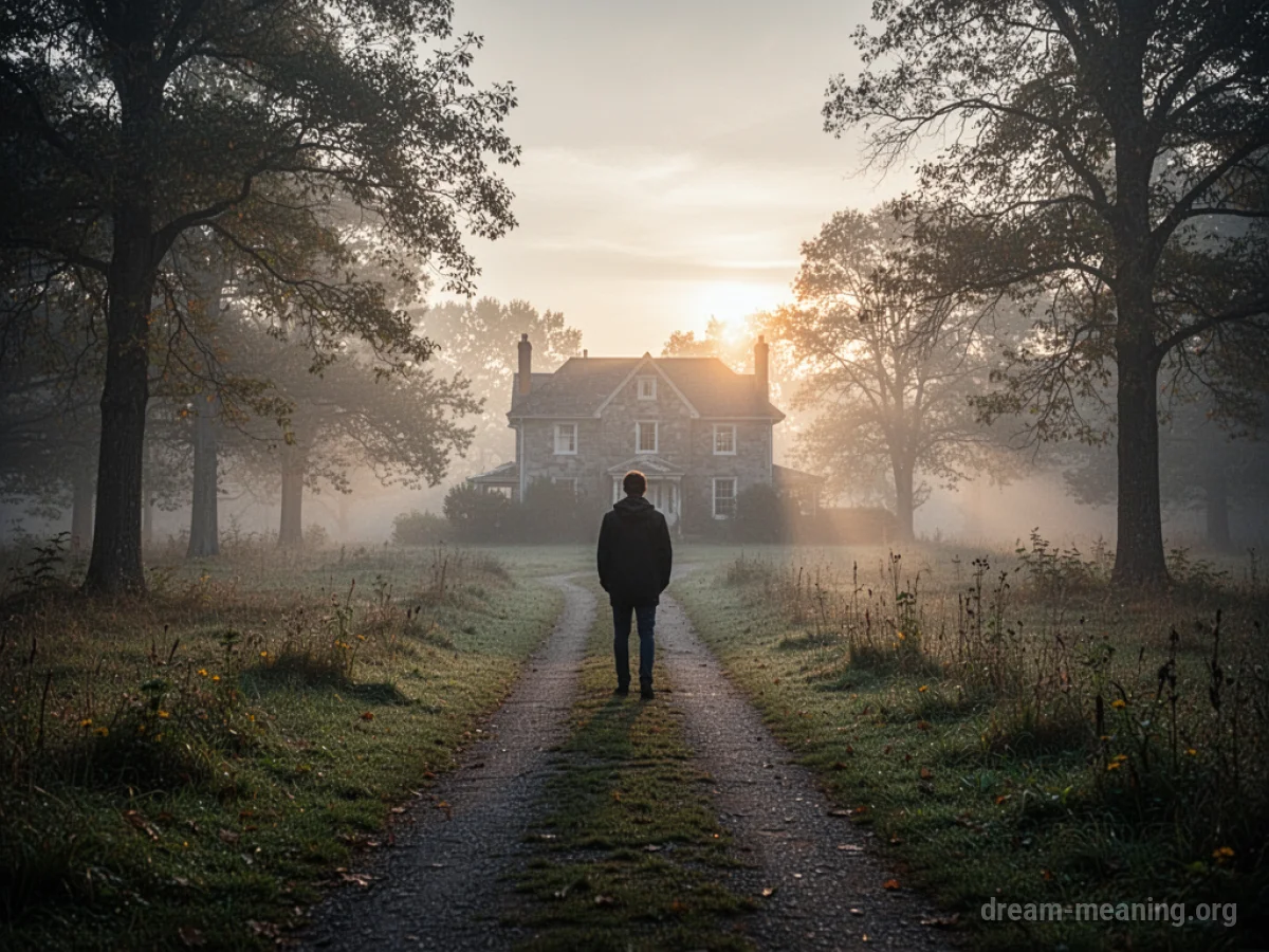 A person walks away from a small house under a fading sky.