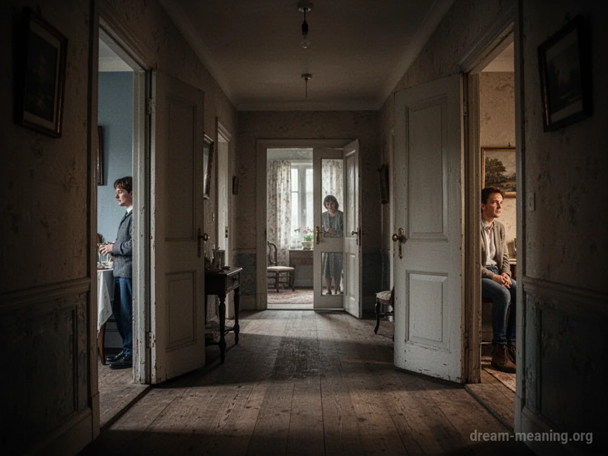 Hallway with many doors, some open to reveal different interior spaces.