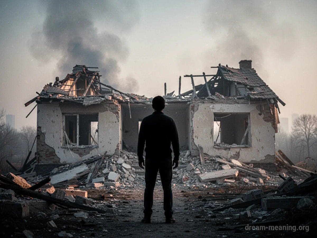 Silhouette of a person standing in front of a destroyed house with a dark, cloudy sky overhead.
