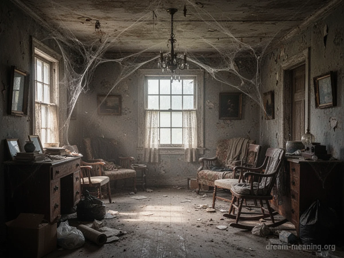 A dusty and cluttered room in an old house with cobwebs.