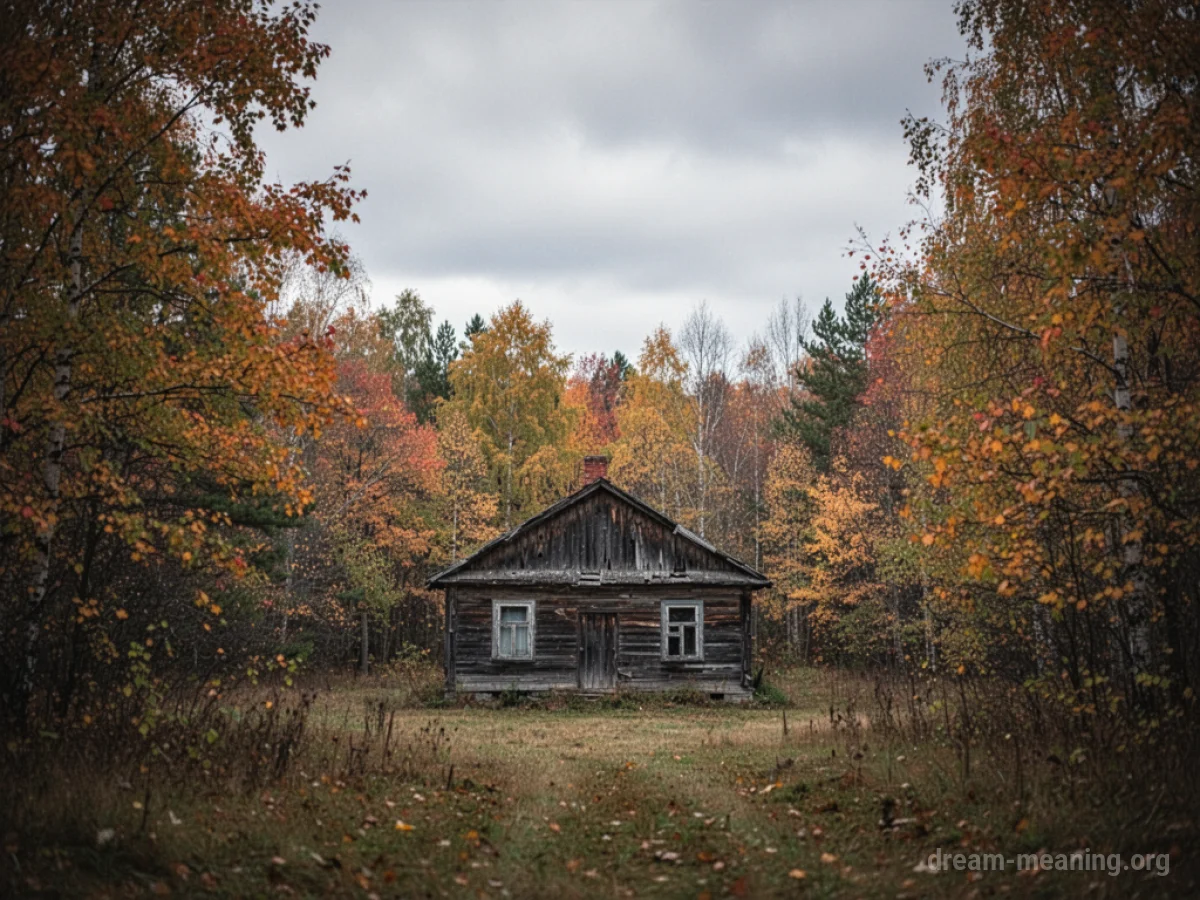 A distant view of an old house surrounded by trees under a cloudy sky.