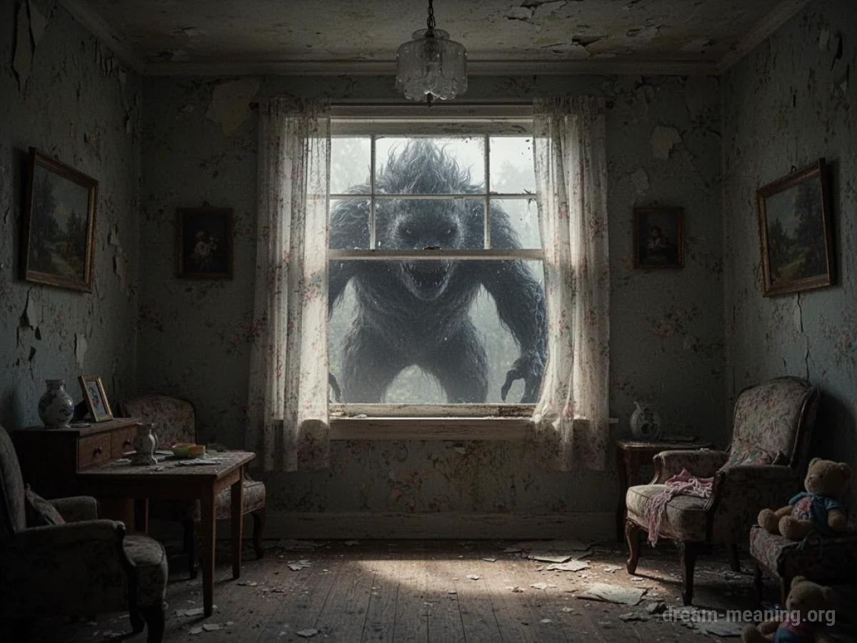 A shadowy monster figure visible through the window of an old house.