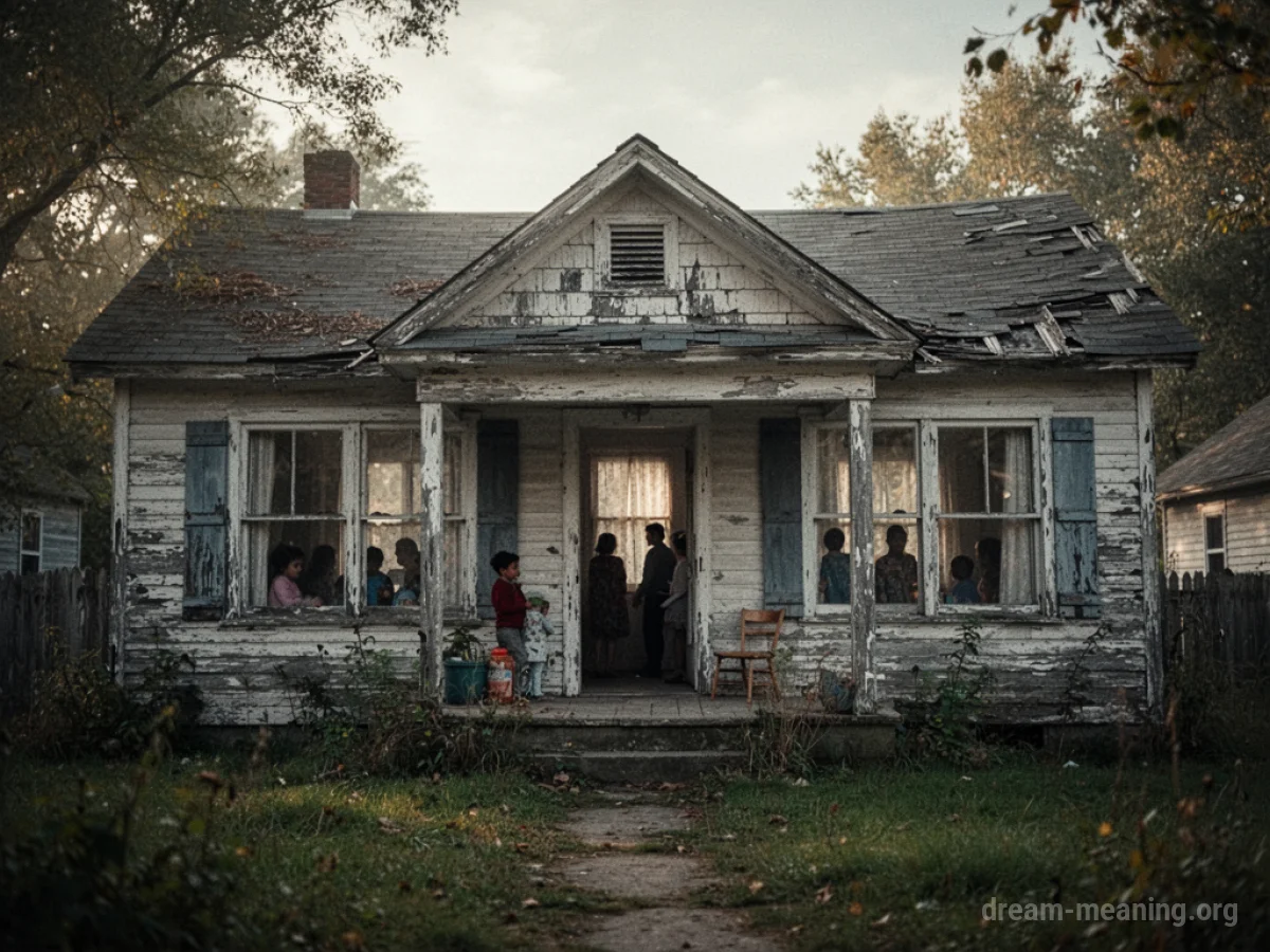 A familiar house with shadowy, indistinct figures seen through the windows.