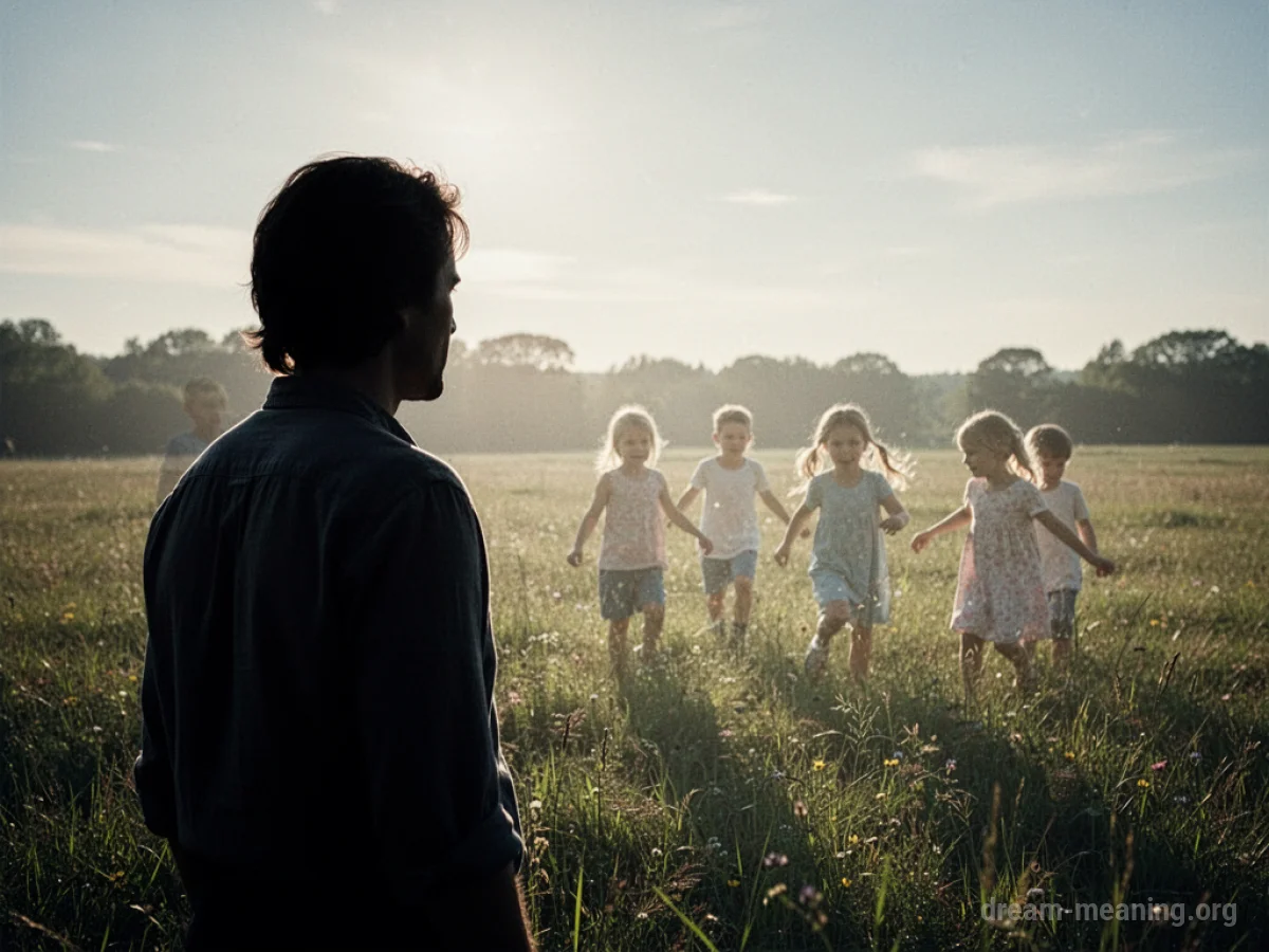 Silhouette of a person observing a translucent image of children in a field.