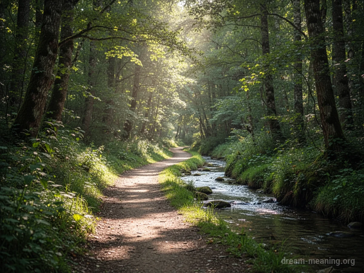 A winding path through a sunlit forest with trees and a stream.