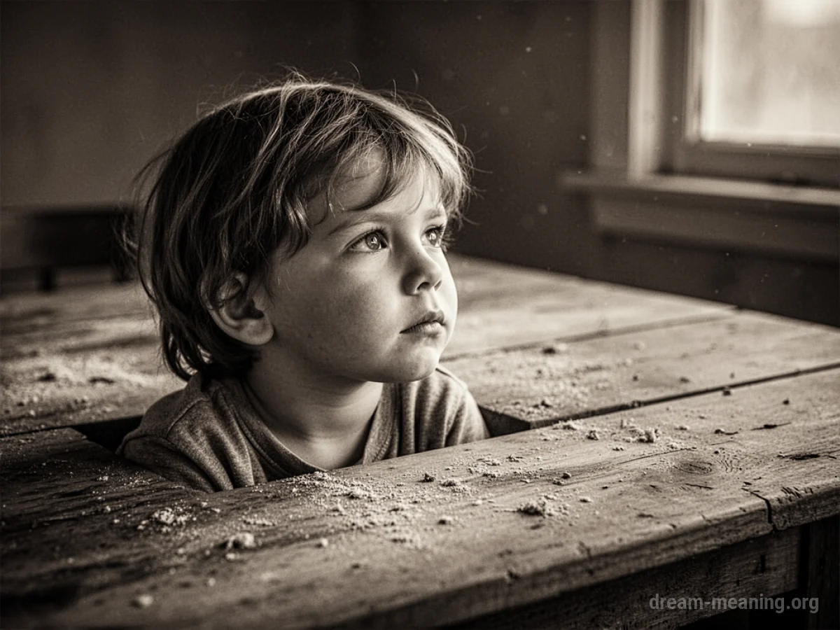 A vintage photograph of a child rests on a wooden surface.