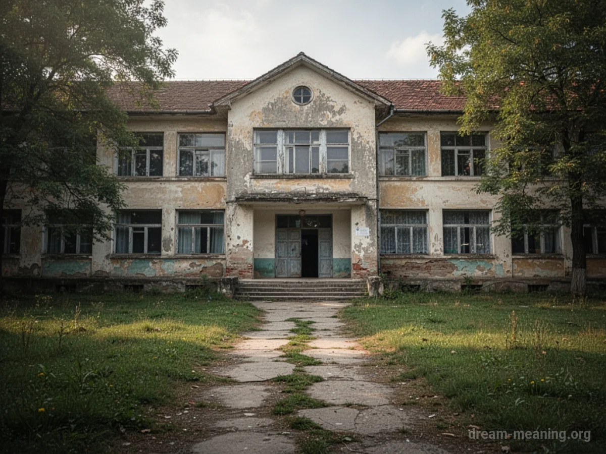 An old school building with a path leading to it.