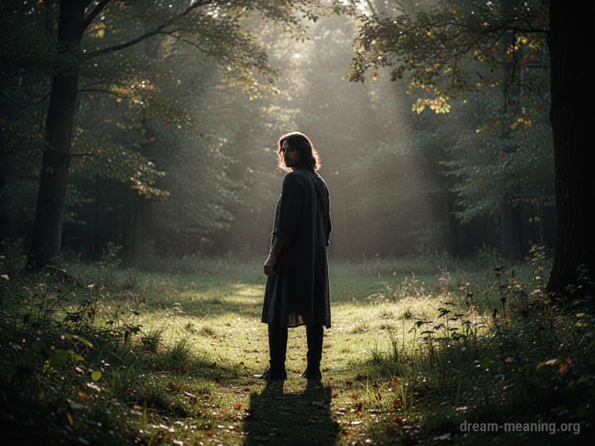 A silhouetted figure stands at the edge of a bright forest clearing, glancing back.