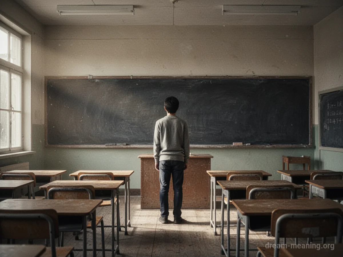 A single person stands at the front of a classroom.