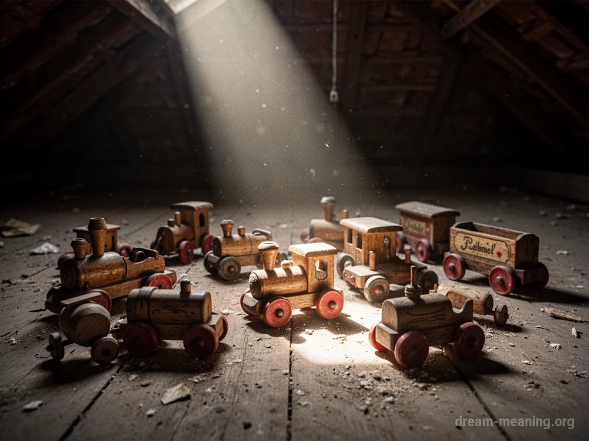 Vintage wooden toys on an attic floor.