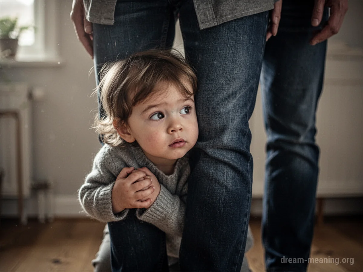 A child hiding behind an adult's leg.