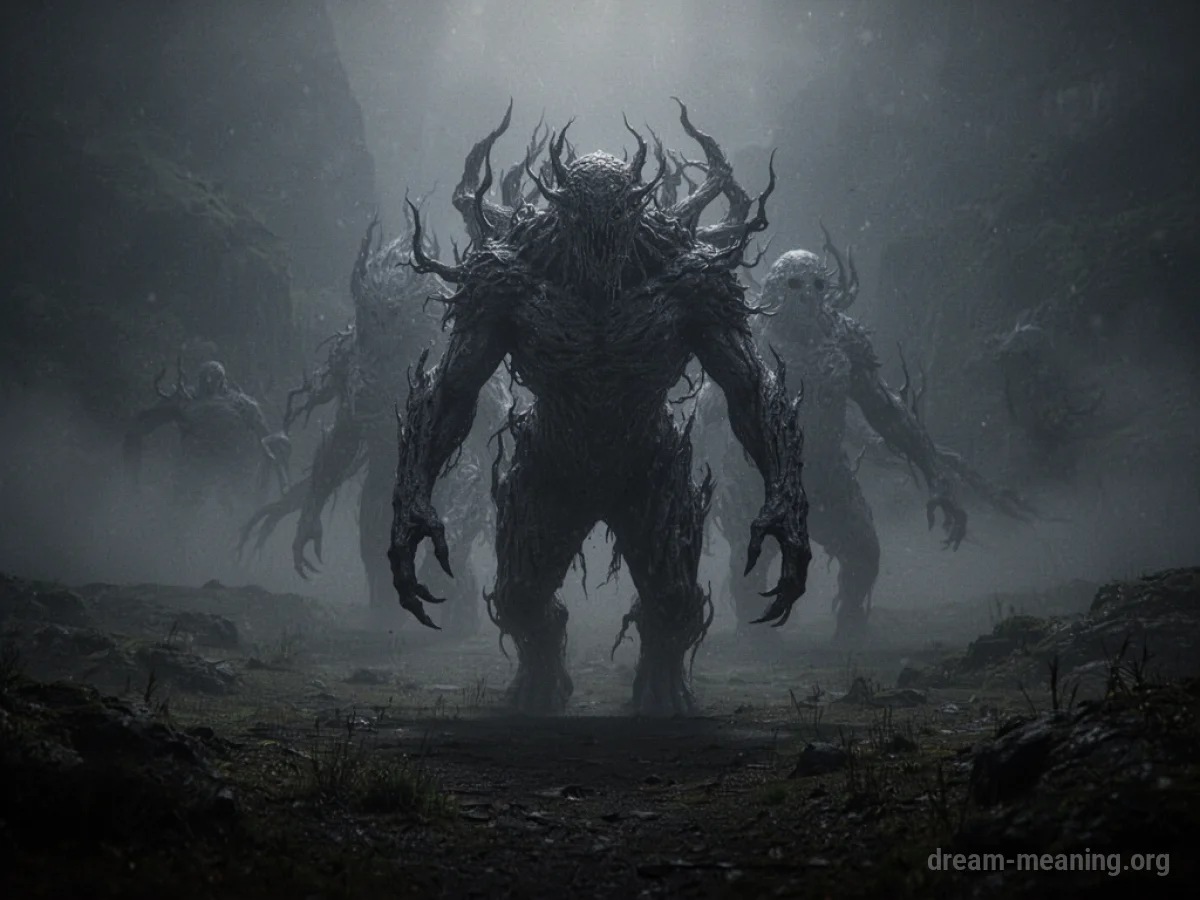A shadowy, multi-formed creature in a dark, misty landscape.