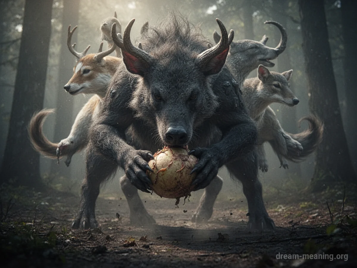 A multi-formed mythical creature with its mouth open towards a dissolving object.