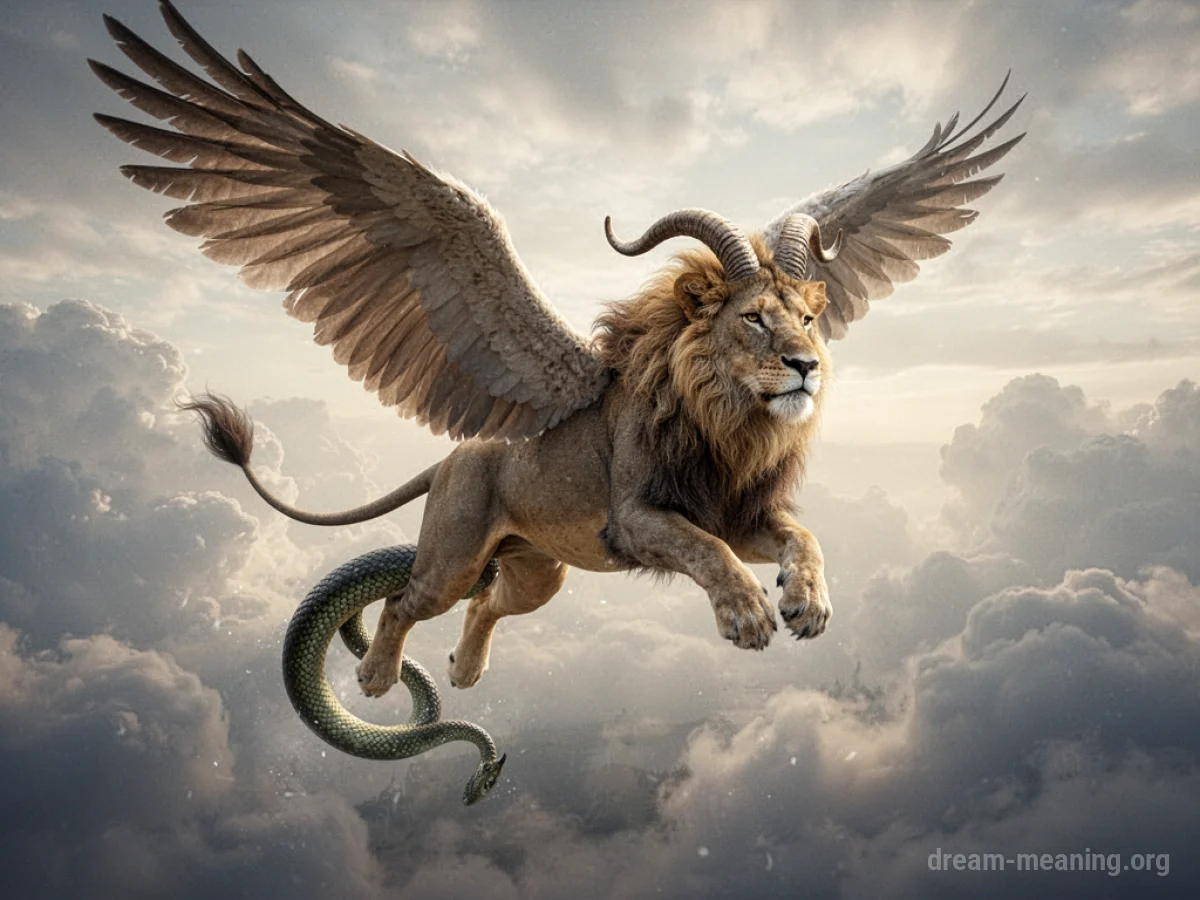 A mythical chimera with multiple animal parts flying in the sky.