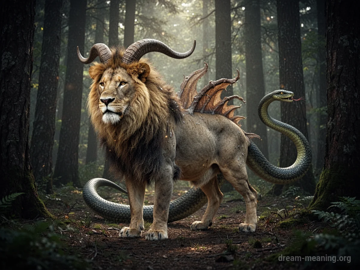 A mythical chimera with multiple animal parts standing in a dark forest.