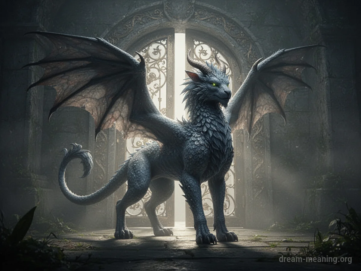 A mythical chimera stands before a doorway.