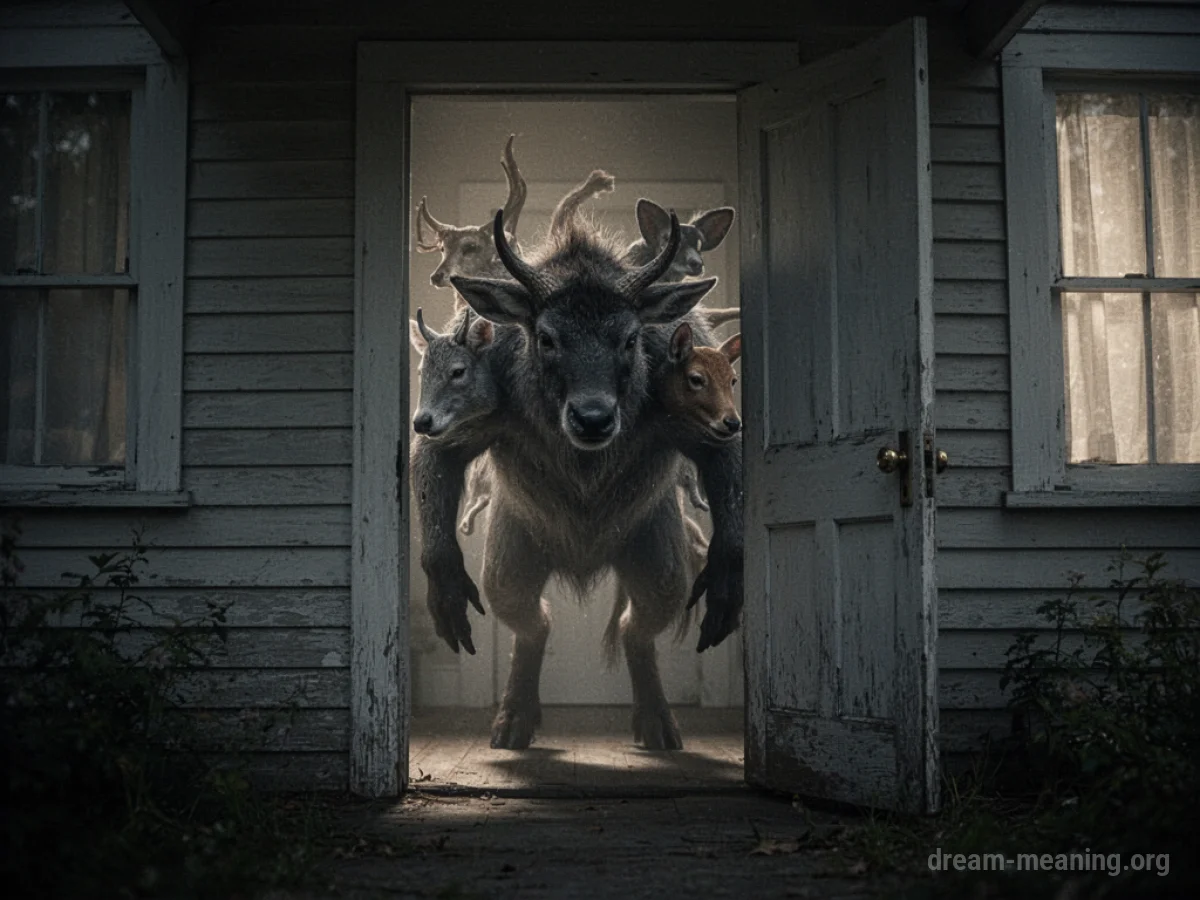 A multi-part creature's silhouette is visible inside a house entrance.