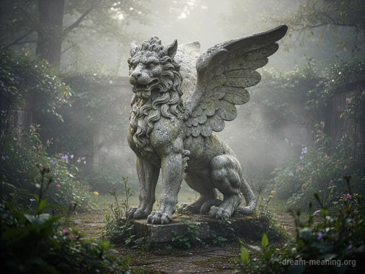 A stone chimera statue covered in moss and vines, shrouded in mist.