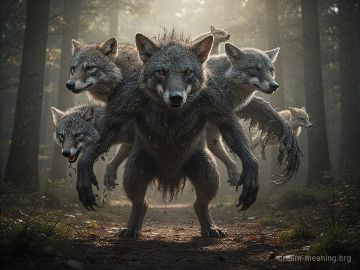 A mythical chimera creature with parts of its body in transition to a new shape.