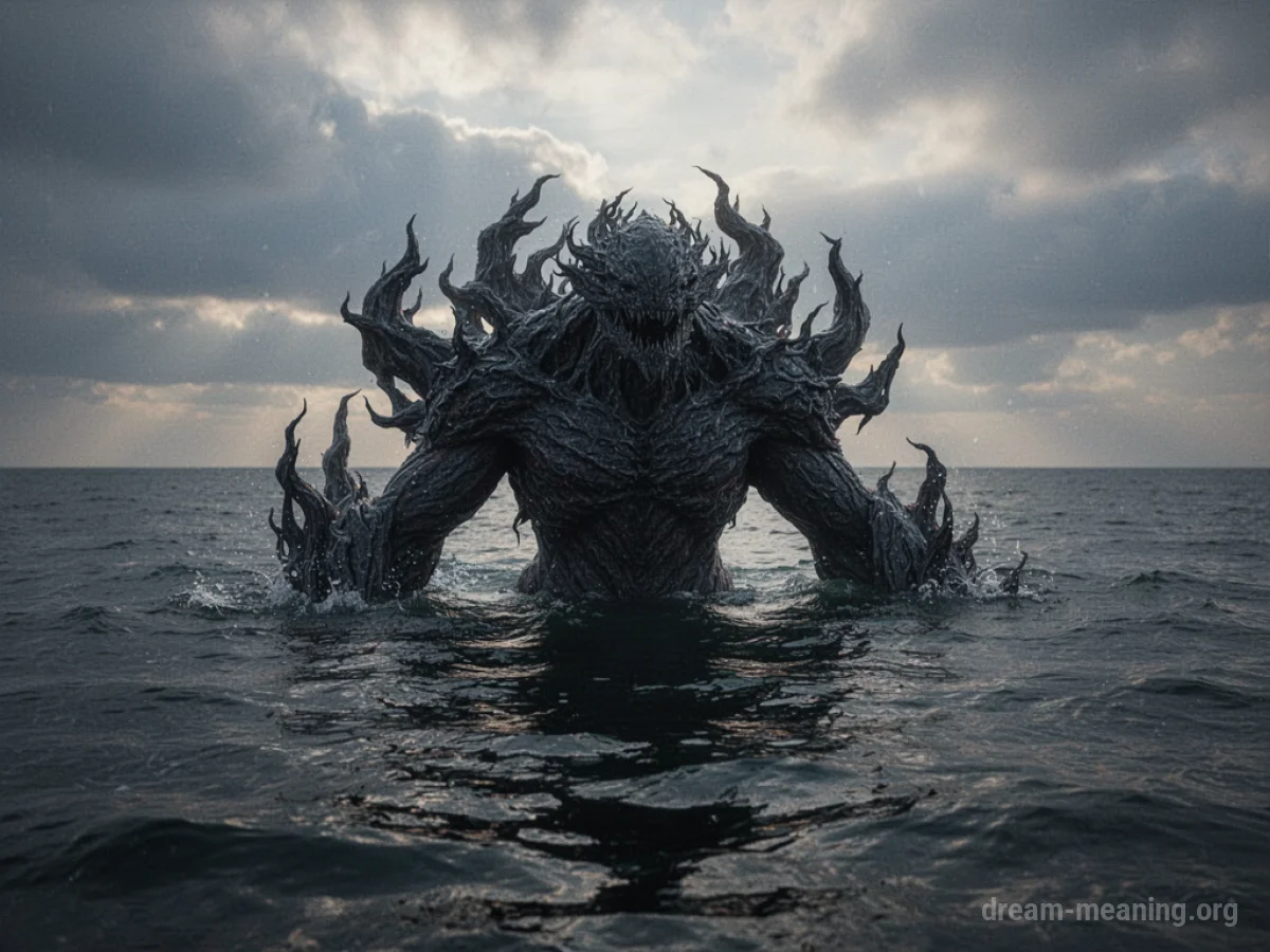 A mythical chimera with multiple animal heads emerging from dark water.