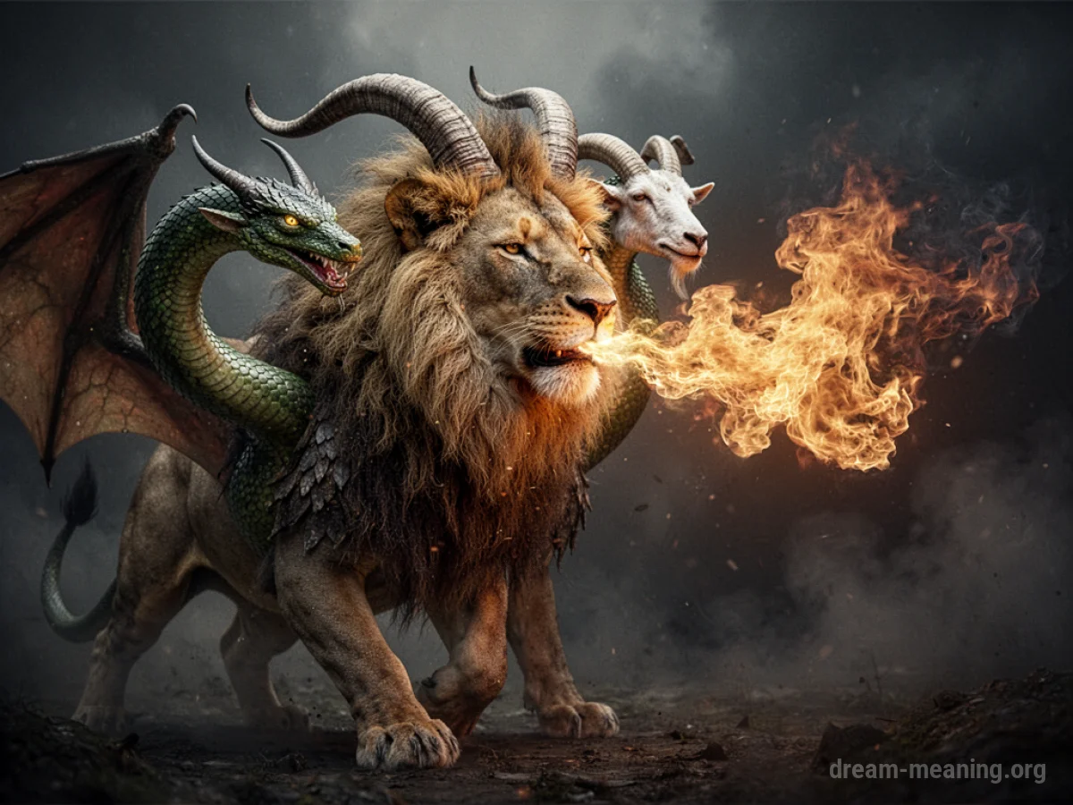 A mythical chimera creature with multiple animal heads breathing fire.