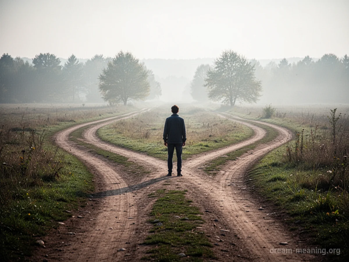 A person stands at a junction with two paths ahead.