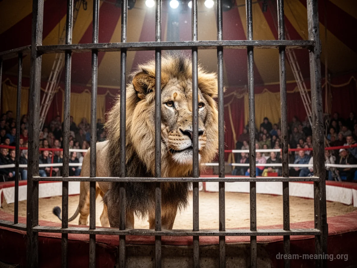 A lion pacing behind metal bars in a dimly lit circus tent.