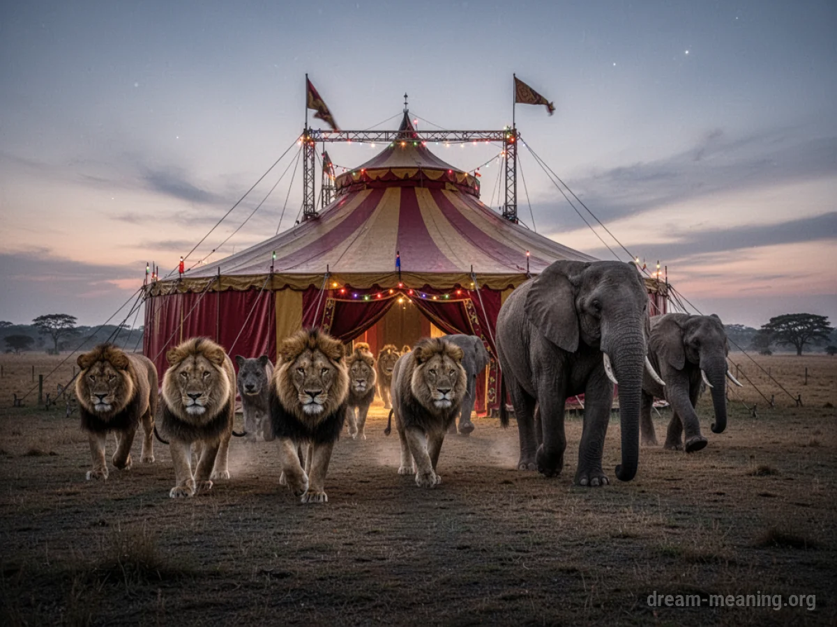 Lions and elephants walking out of a circus tent into a field.