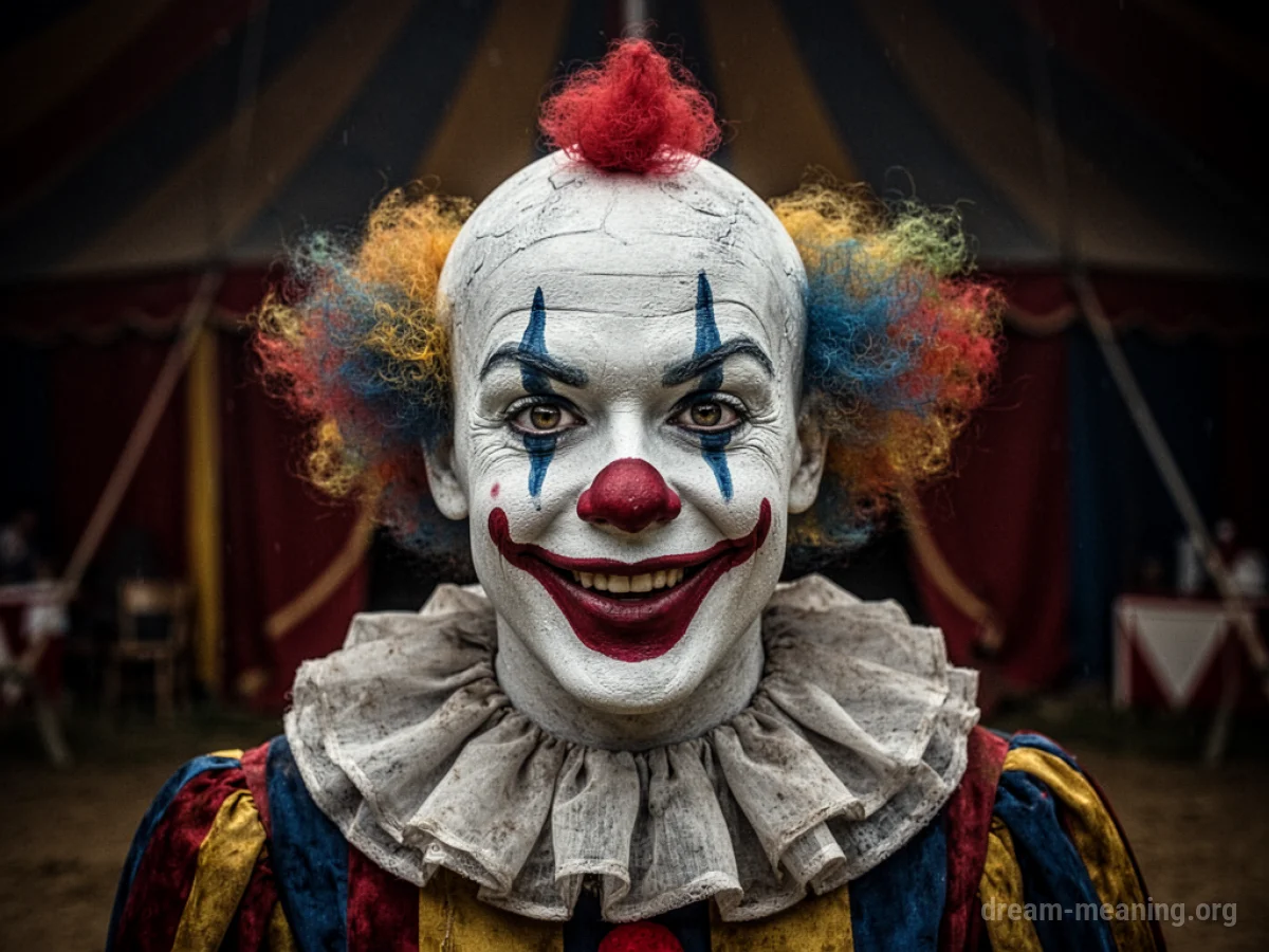 Close-up of a clown's face with painted features and a fixed smile.