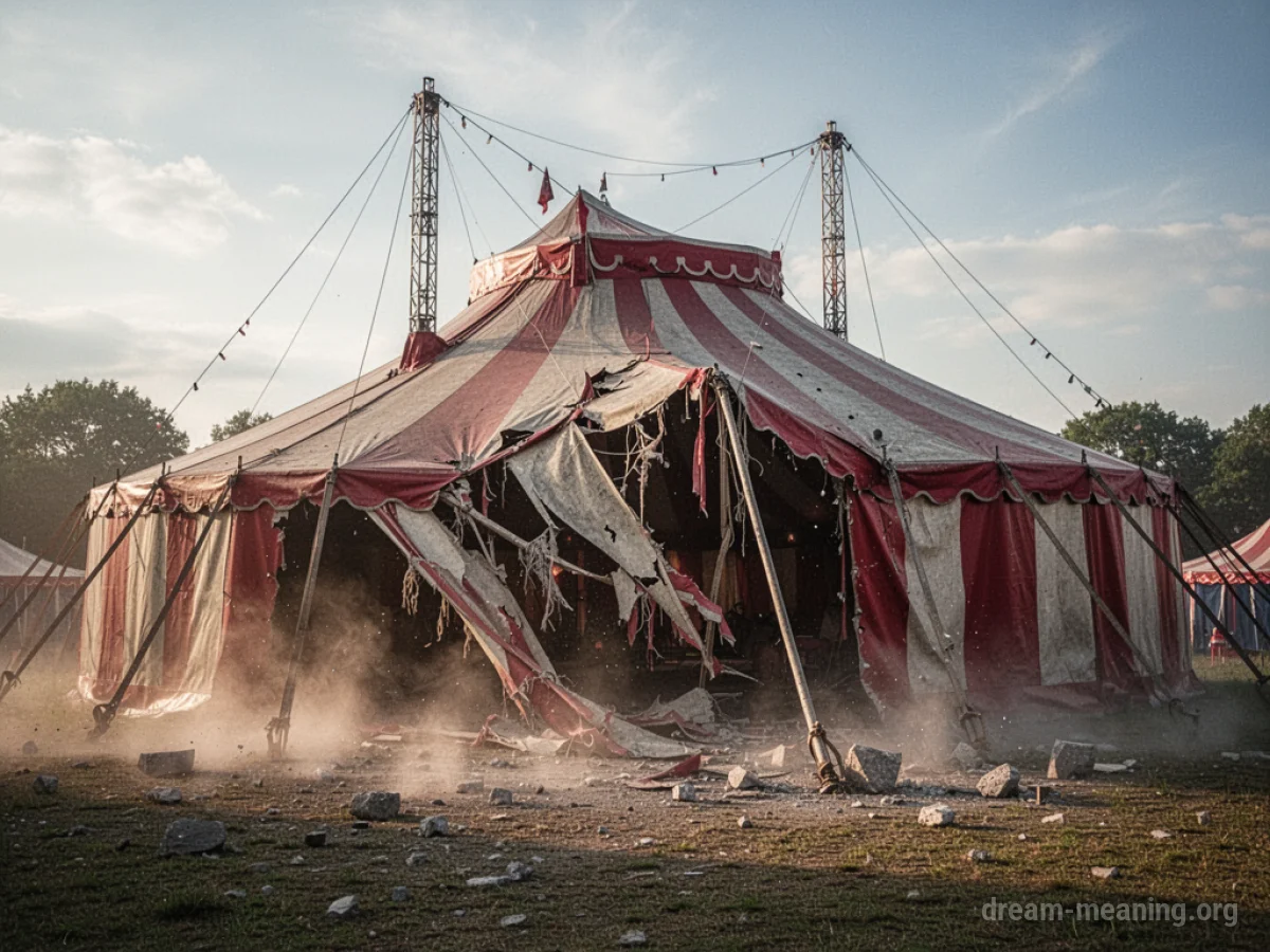 A large circus tent with its structure breaking apart.